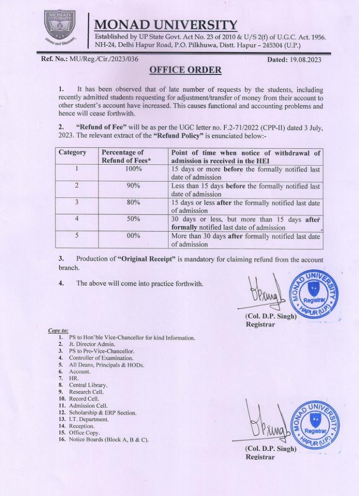 Refund Policy Circular Notice